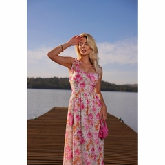 VESTIDO FLORAL ROSA E OFF CREPE ALÇA DE AMARRAR - comprar online