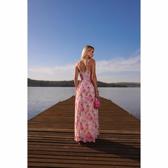 VESTIDO FLORAL ROSA E OFF CREPE ALÇA DE AMARRAR - loja online