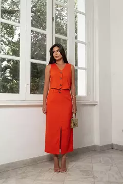 CONJUNTO LINHO LARANJA SAIA MIDI E COLETE 44