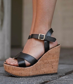 Sandalias taco chino corcho doble tira negro