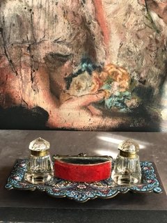 Cloisonné- Tinteiro com mata borrão e recipientes em cristal - Art Rarus Antiquário