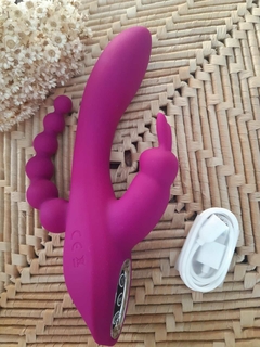 VIBRADOR DUPLO PONTO G E ÂNUS COM ESTIMULADOR DE CLITORIANO