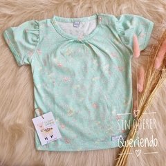 Remera Floral Con Frunce Princesa - Verde Agua Pastel