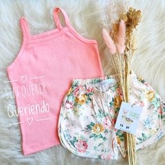 Conjunto 2 Piezas Musculosa lisa con Bretel + Short Estampado - MODELO DURAZNO RAMO ROSAS