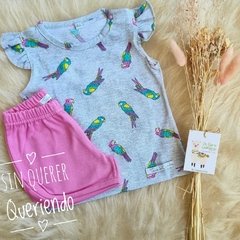 Conjunto 2 Piezas, Remera Japonesa GUACAMAYOS Con Volados + Short Liso - comprar online