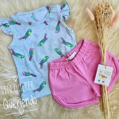 Conjunto 2 Piezas, Remera Japonesa GUACAMAYOS Con Volados + Short Liso