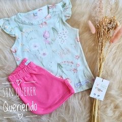 Conjunto 2 Piezas, Remera Japonesa Aqua Primavera Con Volados + Short Liso - comprar online