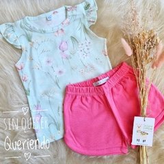 Conjunto 2 Piezas, Remera Japonesa Aqua Primavera Con Volados + Short Liso