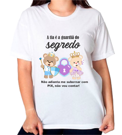 1 Camiseta chá revelação a tia é a guardiã do segredo ursinhos azul claro e lilás não adianta me subornar