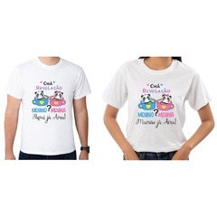 2 Camisas Personalizadas Chá Revelação Papai Mamãe Pandas na caneca