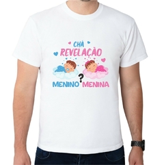 Camisa Masculina Chá Revelação Bebês Corações nas Nuvens