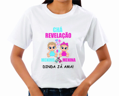 Camiseta Chá Revelação Bebês com Coração e Sapatinhos Dinda