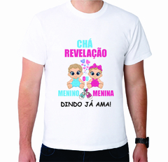 Camiseta Masculina Chá Revelação Bebês com coração e sapatinhos Dindo Já Ama