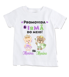 Camiseta chá revelação promovida a irmã do meio ursinhos verde e lilás