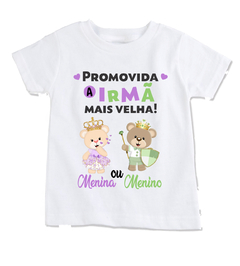 Camiseta chá revelação promovida a irmã mais velha ursinhos verde e lilás