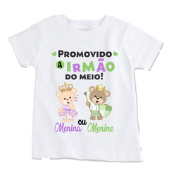 Camiseta chá revelação promovido a irmão do meio ursinhos verde e lilás