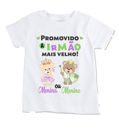 Camiseta chá revelação promovido a irmão mais velho ursinhos verde e lilás