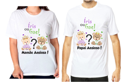 Kit 2 camisetas chá revelação com nomes mamãe ansiosa, papai ansioso ursinhos verde e lilás