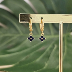 18K Gold Plated Flower Hoop Earrings Encrusted with dark blue Zirconia.