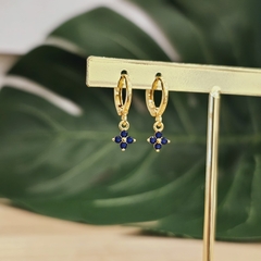 18K Gold Plated Flower Hoop Earrings Encrusted with dark blue Zirconia. - buy online