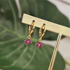 18K Gold Plated Flower Hoop Earrings Encrusted with Pink Zirconia. - buy online