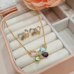 18K Gold Plated Butterfly Set Encrusted with Pastel-Colored Zirconia