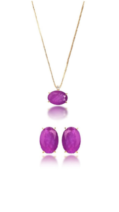 Conjunto Pedra Ultra Violet Oval Banhado em Ouro 18k