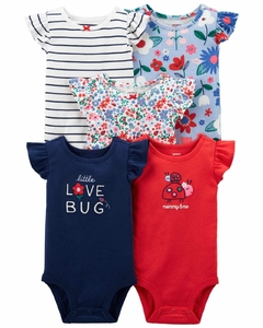 Kit Body Carter's 5 Peças Manga Curta Babadinhos Joaninha Vermelho e Azul Bebê Menina