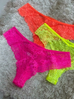 Calcinha fio em renda neon e tule transparente - Donne Lingerie