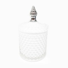 Portavela Caramelera Vidrio Blanca Pico Plateado