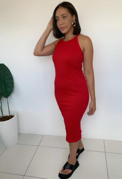 vestido canelado vermelho