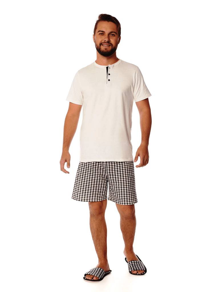 PIJAMA FEMININO EM ALGODAO COM MANGAS E SHORT XADREZ