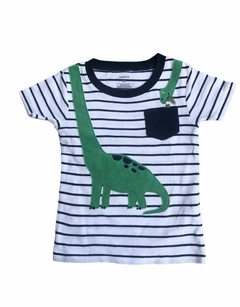 Remera pijama niño blanca y con rayas azul estampado dinosaurio Carter's Talle 3