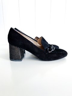 Zapatos Jazmin Chebar Negros De Gamuza Taco Con Strass T 39