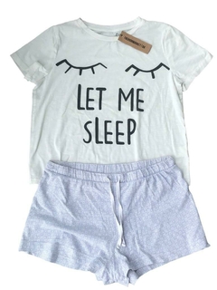 Conjunto pijama mujer remera blanca y short celeste talle s