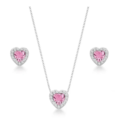 Conjunto coração cravejado rosa claro - Prata 925 - comprar online