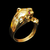 Anel em ouro 18 kl, 750 mls, em belo formato de onça com olhos em rubi na internet