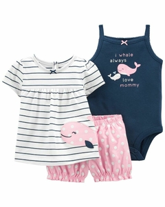 CONJUNTO BEBE CARTERS REMERA, BODY Y SHORT TALLE 12 MESES