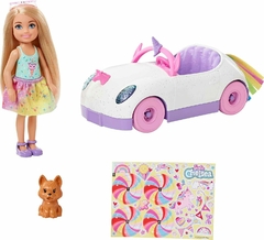 Muñeca Barbie Chelsea y coche de unicornio, muñeca pequeña rubia con falda extraíble, cachorro, hoja de pegatinas y accesorios