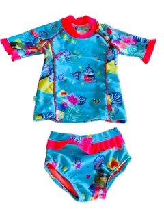 MALLA TRAJE DE BAÑO REMERA Y BOMBACHA FACTOR UV BEBE TALLE 6 A 9 MESES