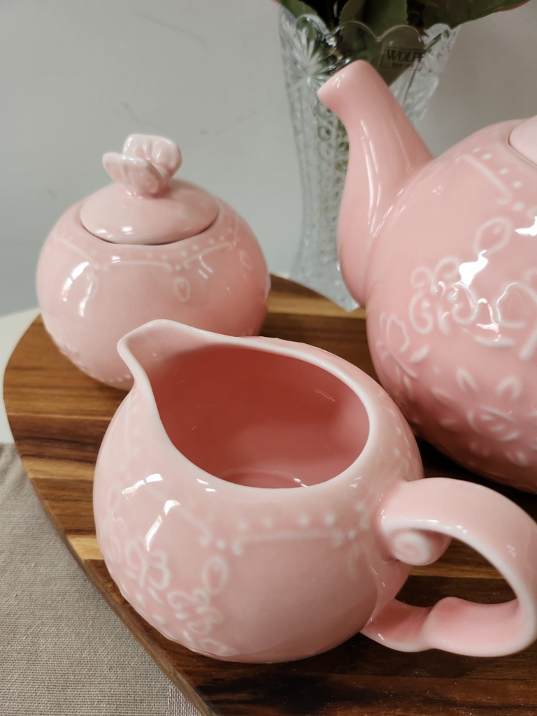 Jogo Chá Bule Xícaras 3 Peças Porcelana Infusor Rosa Flor