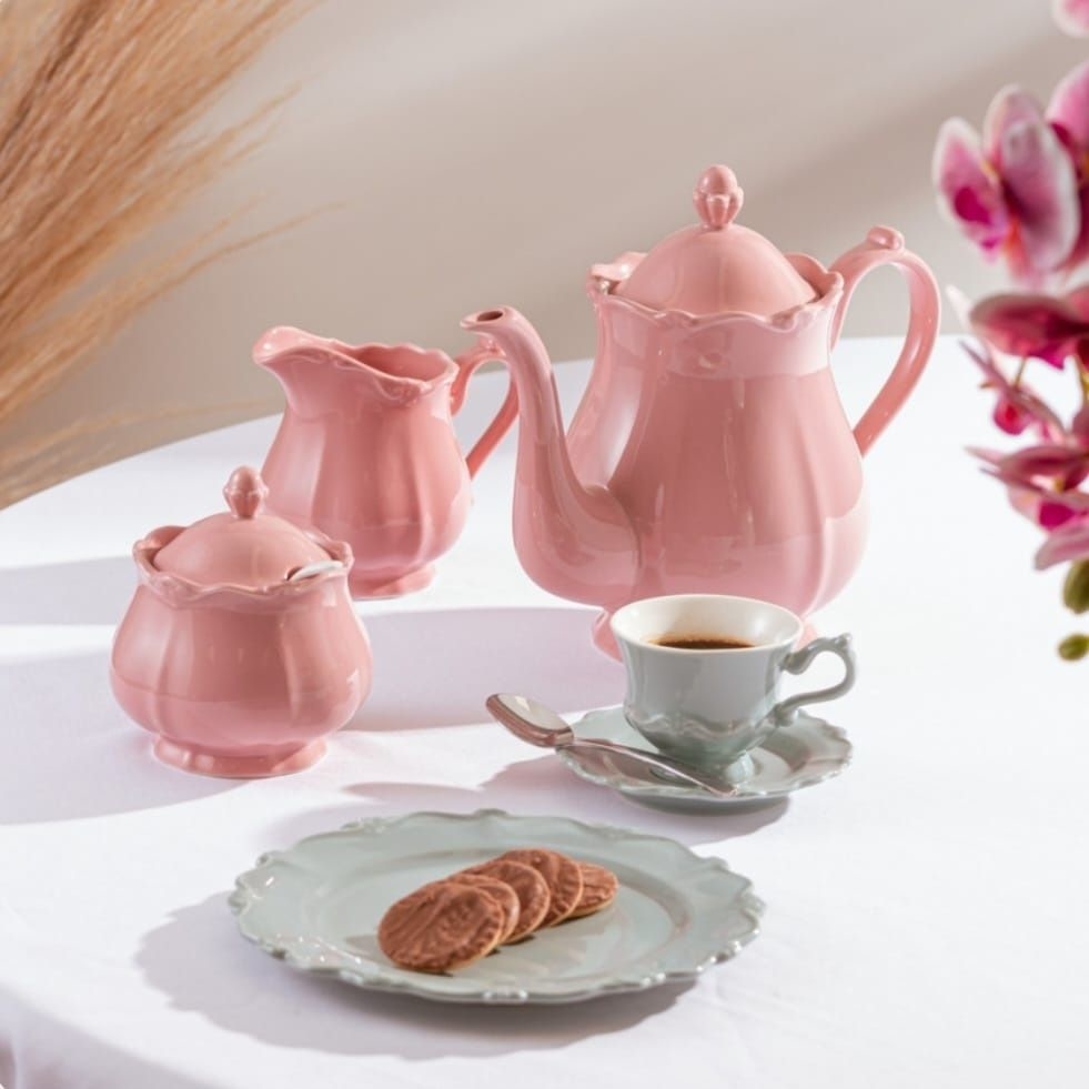 Conjunto de Bule para Chá /Café de porcelana Fancy wolff na cor rosa