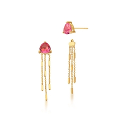 Brinco dourado 2 em 1 com cristal triangular na cor pink e franja lisa - comprar online