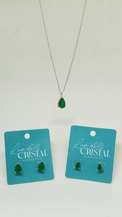 Conjunto em Ródio Branco de cristal gota esmeralda. - comprar online