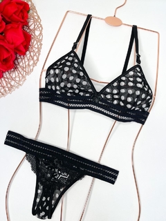 Conjunto Sara - Preto Poá branco - Íntima lingerie | Moda íntima Atacado