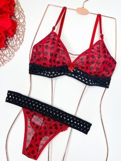 Conjunto Sara - Vermelho Poá c/ preto - Íntima lingerie | Moda íntima Atacado