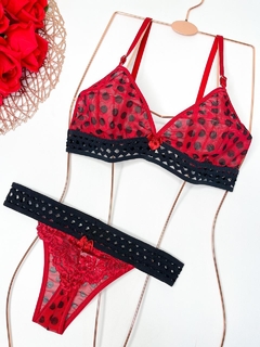 Conjunto Sara - Vermelho Poá c/ preto - Íntima lingerie | Moda íntima Atacado