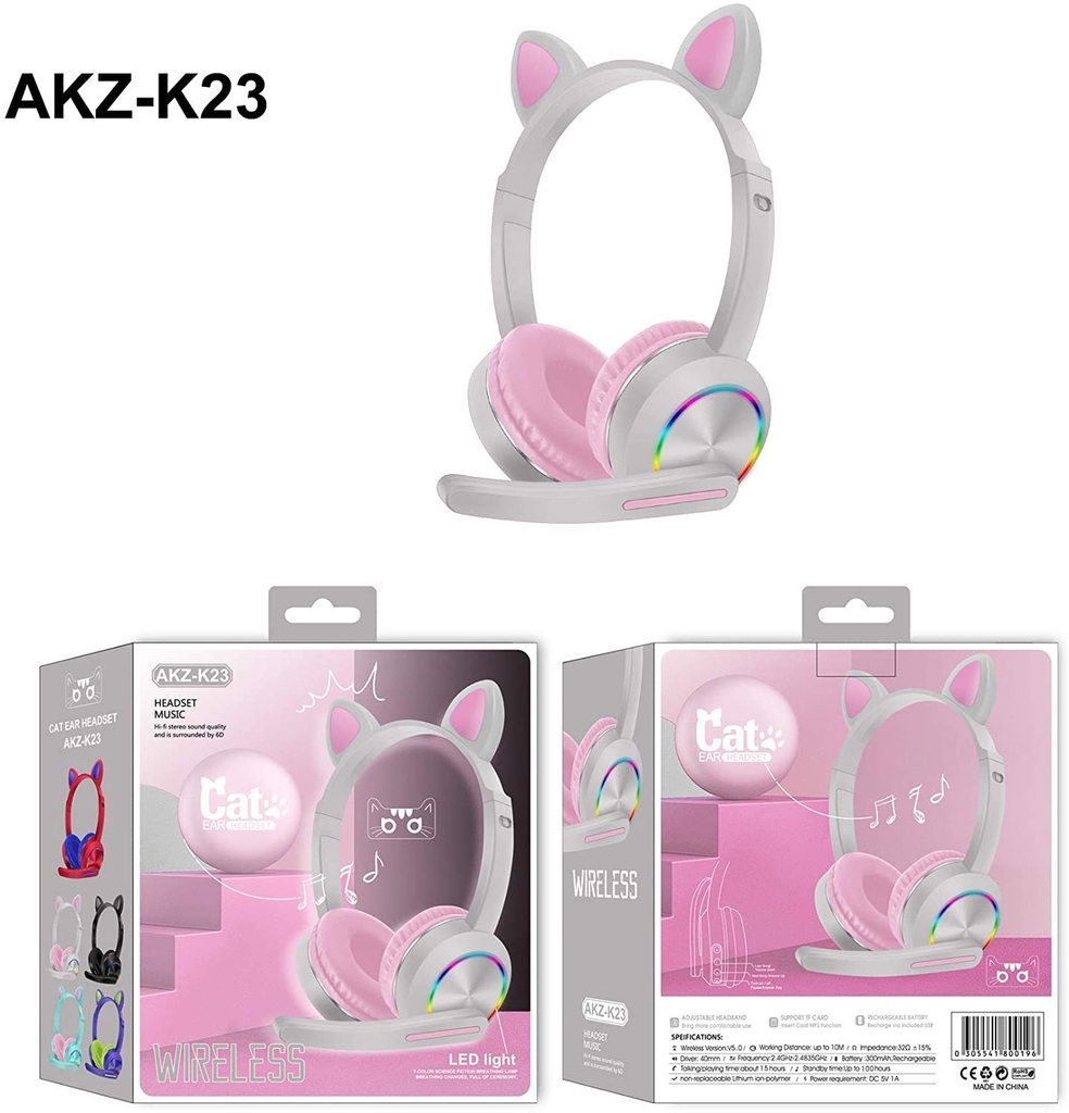 Auriculares gaming infantiles Cat AKZ-K23 con luces led RGB. Bluetooth 5.0,  micrófono plegable, Micro SD, entrada Aux.