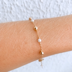 PULSEIRA PÉROLA COM CRUZ OURO 18K AMARELO - Pratas e Pedras Joalheria