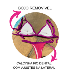 Biquíni Fita Marquinha Cortininha Fixa Calcinha Fio Dental Ajustes - Rosa Com Fucsia - Mariana Souza Store